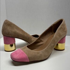 Charlotte Stone Risa Pumps High Block Heel Shoes Suede Wood Pink Tan New Size 10